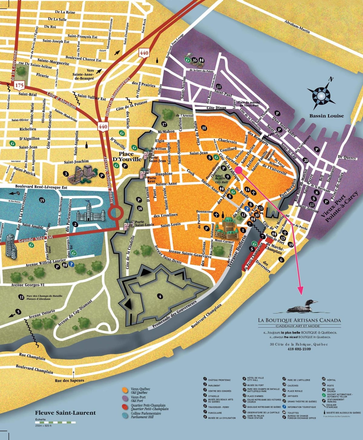 stari Quebec City znamenitosti na zemljevidu